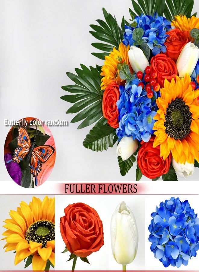 HENOMO Artificial Cemetery Flowers for Grave Vase, Headstone Silk Flower Arrangement, Graveside Decoration - Vibrant Orange Sunflower Tulip Rose Mix Bouquet, Tombstone Memorial Flowers - Image 4