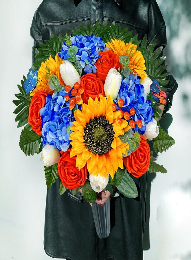 HENOMO Artificial Cemetery Flowers for Grave Vase, Headstone Silk Flower Arrangement, Graveside Decoration - Vibrant Orange Sunflower Tulip Rose Mix Bouquet, Tombstone Memorial Flowers - Image 5
