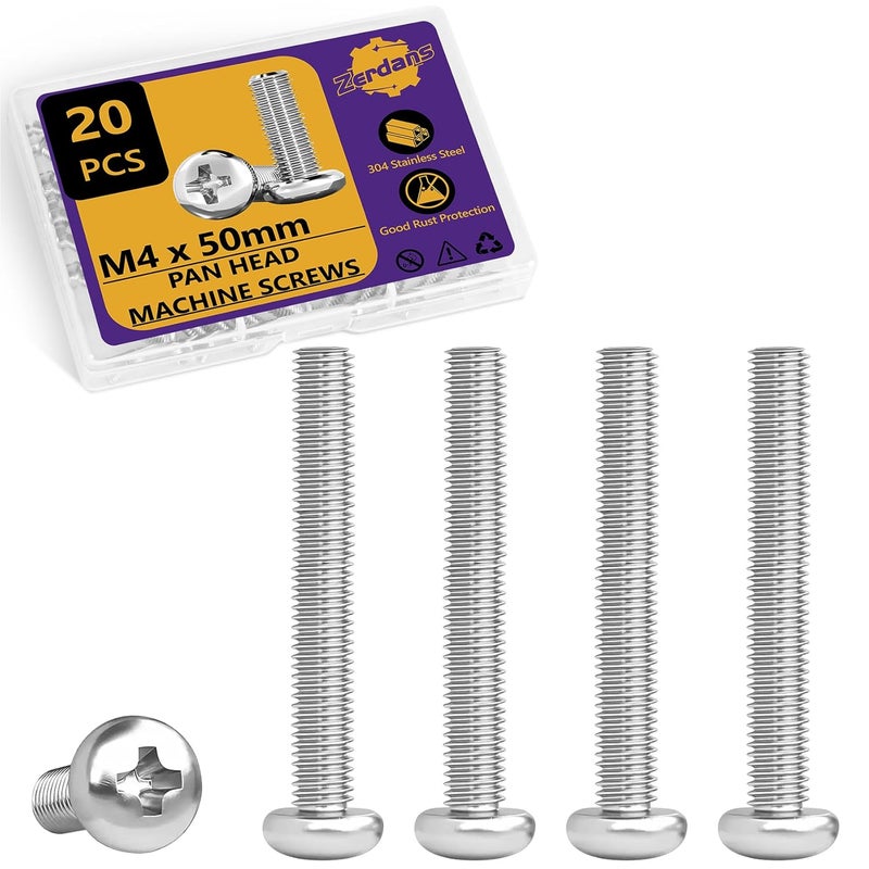 ZerDans M4 x 50mm Machine Screws, 20PCS Pan Head Machine Screws 304 Stainless Steel Metric Assortment, Truss Head Bolts, Full Thread, Phillips Drive for Furniture Repairs and 3D Printer - Image 1