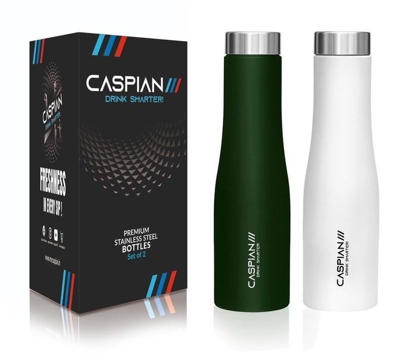 CASPIAN /// Aqua Stainless Steel Water Bottle (Green & White, 1 Litre, Set of 2)| Leak Proof Thunder for Fridge Home Office Travel School Kids Boys Girls Adults Sports Gym Yoga - Image 2