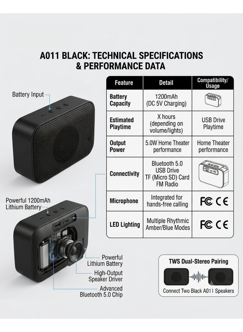 speakers bluetooth portable A011 - Wireless bluetooth speakers with LED Light, TWS Pairing bluetooth speakers, FM Radio & USB/TF Support - Image 3