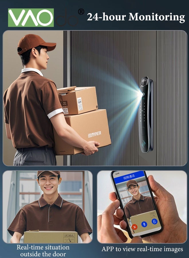 VAOdo 3D Face Recognition Smart Lock with Cat's Eye Camera & Full Escutcheon Handle, Remote APP monitoring, WiFi Direct Connect & Smart Doorbell Link, 6 in 1 Keyless Entry Door Lock, Digital Keypad Deadbolt for Home and Office - Image 5