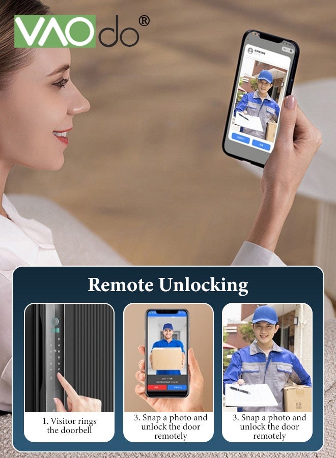 VAOdo 3D Face Recognition Smart Lock with Cat's Eye Camera & Full Escutcheon Handle, Remote APP monitoring, WiFi Direct Connect & Smart Doorbell Link, 6 in 1 Keyless Entry Door Lock, Digital Keypad Deadbolt for Home and Office - Image 3