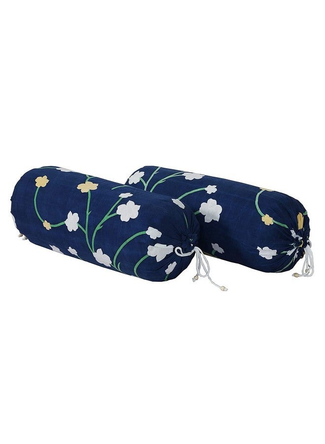 Kuber Industries Floral Print Bolster Cover with Drawstring|Round Bedside Long Pillow Cover|Dewan Pillow Cover Set "16 x 32" |Bolster Cover Set Of 2 (Navy Blue) - Image 3