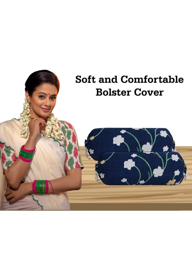 Kuber Industries Floral Print Bolster Cover with Drawstring|Round Bedside Long Pillow Cover|Dewan Pillow Cover Set "16 x 32" |Bolster Cover Set Of 2 (Navy Blue) - Image 4