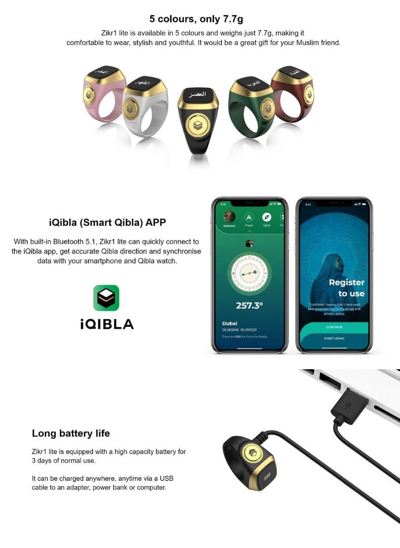 iQIBLA Smart Zikr Ring | 18 MM Prayer Counter & Timing Reminder | Waterproof Wearable Technology | OLED Display for Muslim Prayer | Pink and Gold  - Image 3