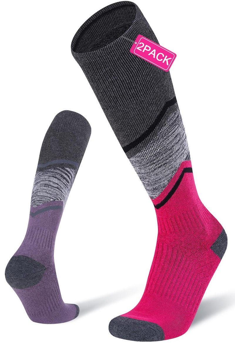 FITRELL 2 Pack Men's and Women's Ski Socks with Full Cushion Merino Wool Winter Thermal Knee High Warm Socks for Skiing Snowboarding, Rose Red+Purple Mixed, Small - Image 1