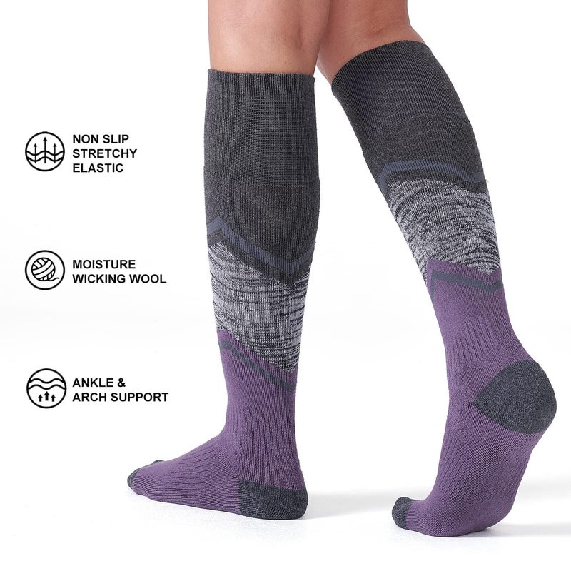 FITRELL 2 Pack Men's and Women's Ski Socks with Full Cushion Merino Wool Winter Thermal Knee High Warm Socks for Skiing Snowboarding, Rose Red+Purple Mixed, Small - Image 5