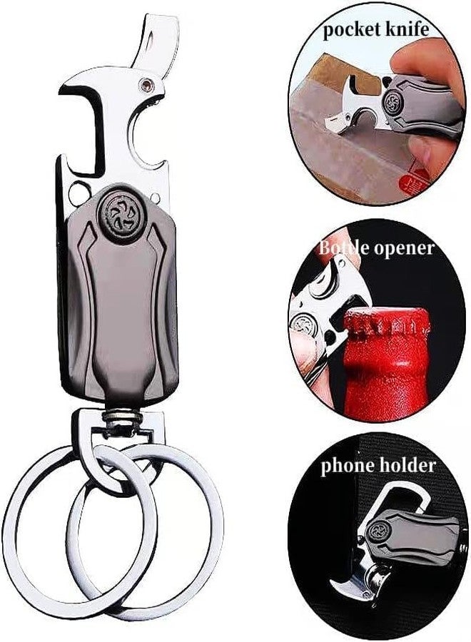 AKEEVA Multifunction Keychain For Men, Dual Ring Metal Car Key Chain With Cutter, Bottle Opener and mobile stand holde Spinner - Image 2