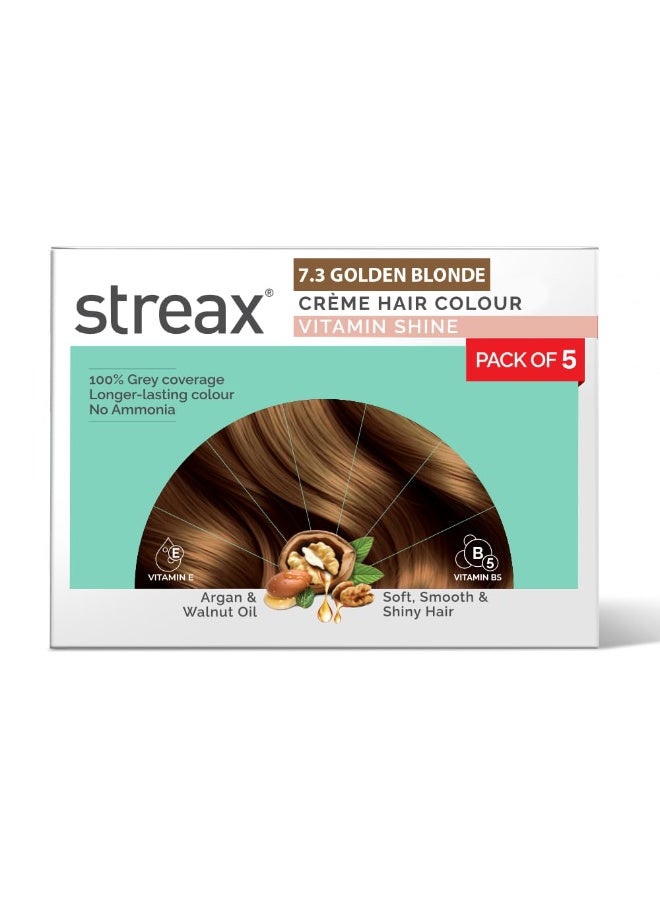 Streax Crème Permanent Hair Colour - 7.3 Golden Blonde Hair Color- 45gm (Pack of 5), 100% Grey coverage, Long Lasting Hair colour for women - Image 1