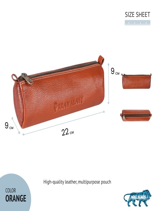 TRAVALATE Genuine Leather Utility Pouch/Toiletry Kit For Men And Women's -Ykk Zippers Orange, 9Cm - Image 2