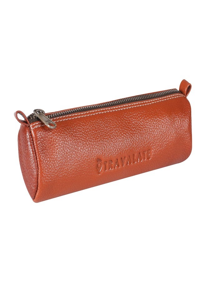 TRAVALATE Genuine Leather Utility Pouch/Toiletry Kit For Men And Women's -Ykk Zippers Orange, 9Cm - Image 1