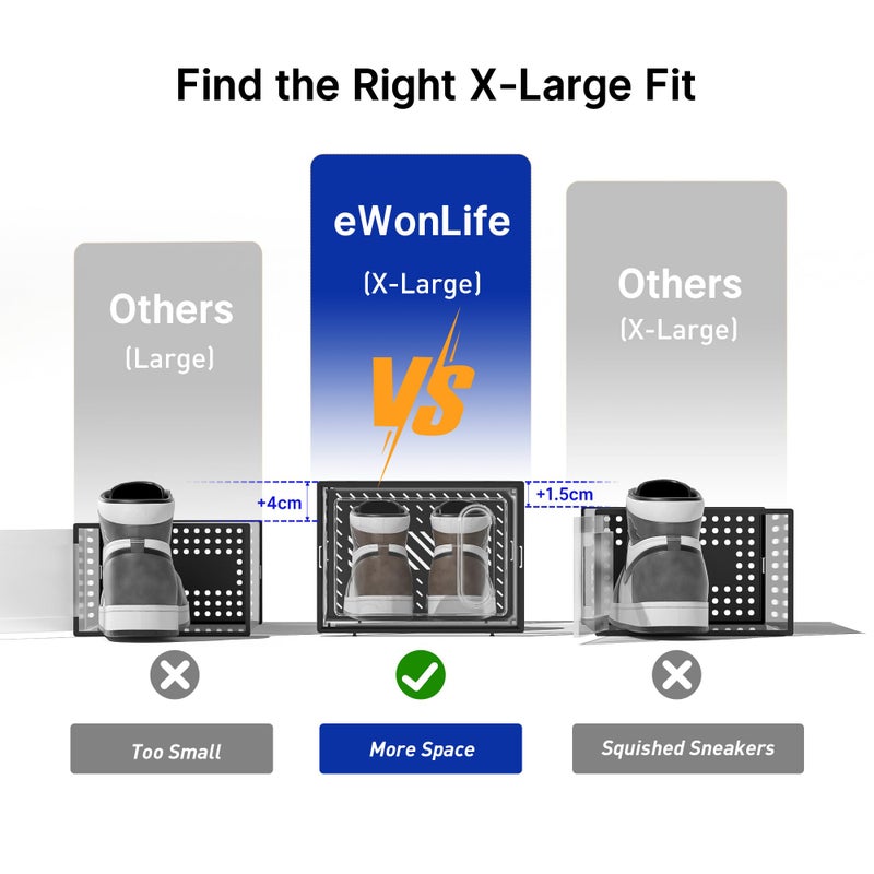 eWonLife صناديق أحذية eWonLife كبيرة جداً مع باب مغناطيسي، عبوة 12، منظم تخزين أحذية قابل للتكديس للخزانة، حاوية أحذية بلاستيكية شفافة لقياس 12، أسود - Image 3