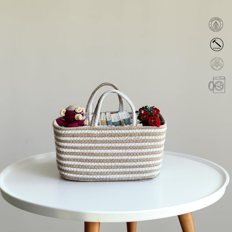 JASMEY HOMES Boho Spiral Storage Basket Multipurpose Caddy With Handle Storage Baskets With Handles Shelf Organizers Basket For Bathroom Kitchen Dorm Room Pantry Baby Products White - Image 1