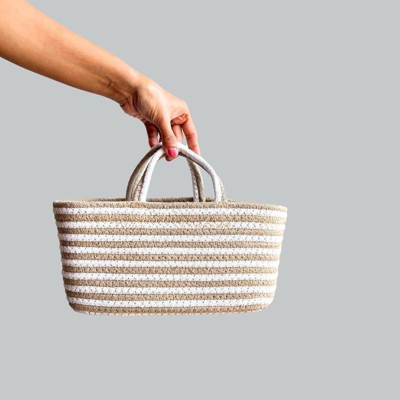 JASMEY HOMES Boho Spiral Storage Basket Multipurpose Caddy With Handle Storage Baskets With Handles Shelf Organizers Basket For Bathroom Kitchen Dorm Room Pantry Baby Products White - Image 3