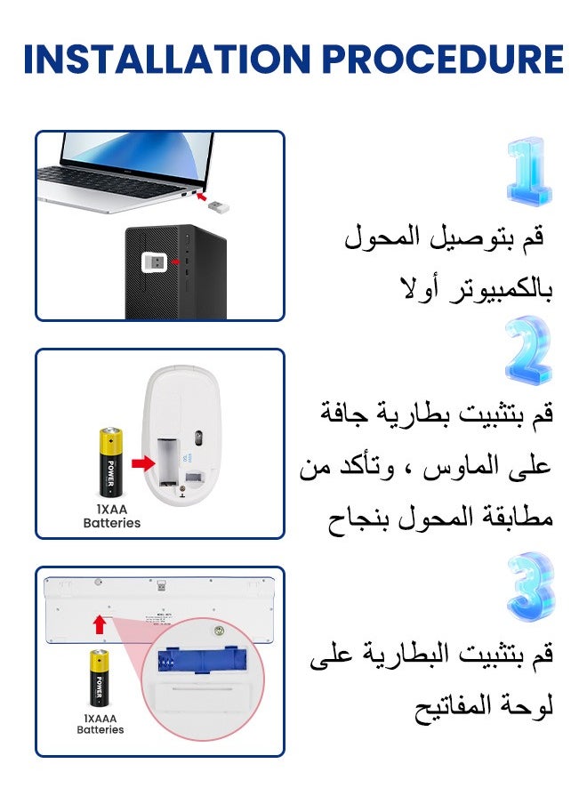Necomi Arabic/English Wireless Keyboard and Mouse Combo, 2.4G USB Quiet Cordless Mouse Keyboard Set Ergonomic Full Size, for Computer Laptop PC, Windows, MacOS, Chrome OS  - Image 2