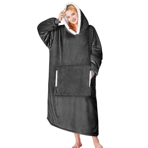 yescool Wearable Blanket Hoodie - Birthday Christmas Gifts for Women Mom Girlfriend, Oversized Flannel Sherpa Cozy Hooded Blanket Sweatshirt Adult With Hood Pocket & Sleeves, One Size Fits All (Grey) - Image 1