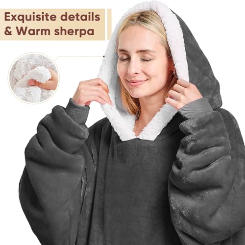 yescool Wearable Blanket Hoodie - Birthday Christmas Gifts for Women Mom Girlfriend, Oversized Flannel Sherpa Cozy Hooded Blanket Sweatshirt Adult With Hood Pocket & Sleeves, One Size Fits All (Grey) - Image 4