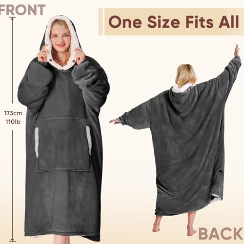 yescool Wearable Blanket Hoodie - Birthday Christmas Gifts for Women Mom Girlfriend, Oversized Flannel Sherpa Cozy Hooded Blanket Sweatshirt Adult With Hood Pocket & Sleeves, One Size Fits All (Grey) - Image 3