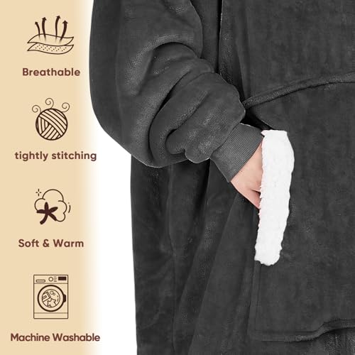 yescool Wearable Blanket Hoodie - Birthday Christmas Gifts for Women Mom Girlfriend, Oversized Flannel Sherpa Cozy Hooded Blanket Sweatshirt Adult With Hood Pocket & Sleeves, One Size Fits All (Grey) - Image 5