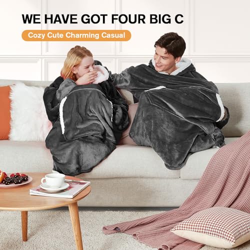 yescool Wearable Blanket Hoodie - Birthday Christmas Gifts for Women Mom Girlfriend, Oversized Flannel Sherpa Cozy Hooded Blanket Sweatshirt Adult With Hood Pocket & Sleeves, One Size Fits All (Grey) - Image 2