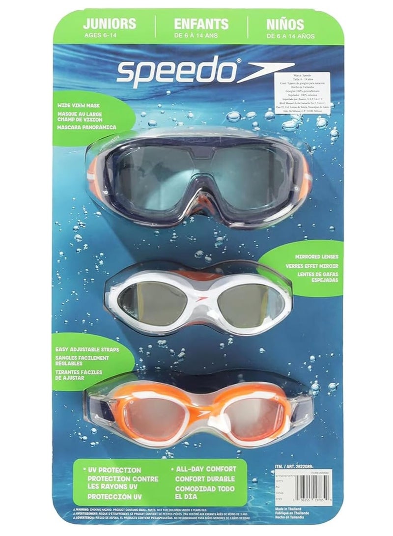 سبيدو نظارات سباحة للكبار من سن 14 عامًا فما فوق، عبوة من 3 قطع مع عدسة SW3 ذات الرؤية الواسعة، وعدسة SW4 العاكسة، وعدسة SW2 المريحة طوال اليوم - متعددة الألوان...