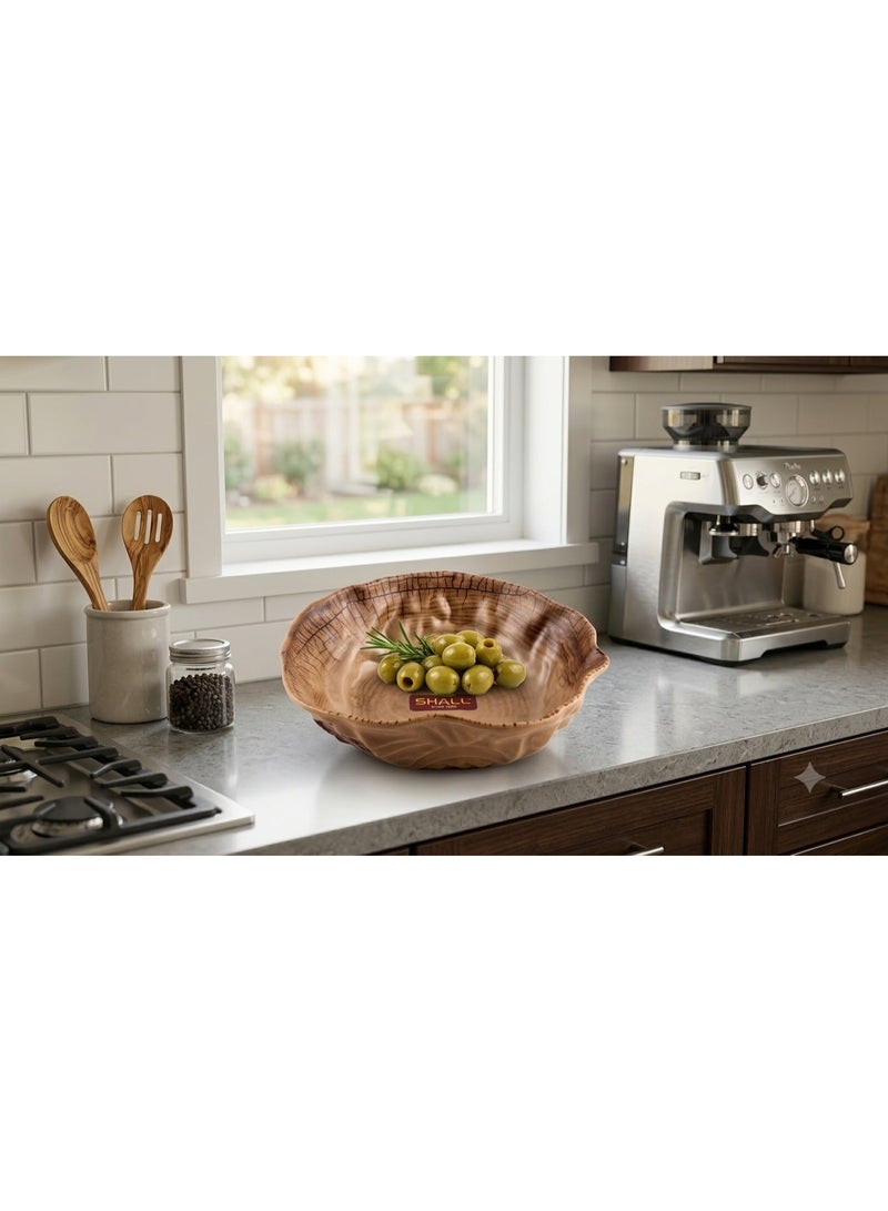 SHALL Round porcelain serving and dining bowl with a tree trunk design, deep bowl with irregular wavy edges, suitable for the kitchen and dining table, beige brown color. - Image 2