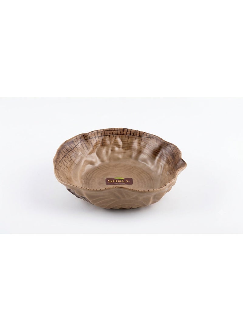 SHALL Round porcelain serving and dining bowl with a tree trunk design, deep bowl with irregular wavy edges, suitable for the kitchen and dining table, beige brown color. - Image 1
