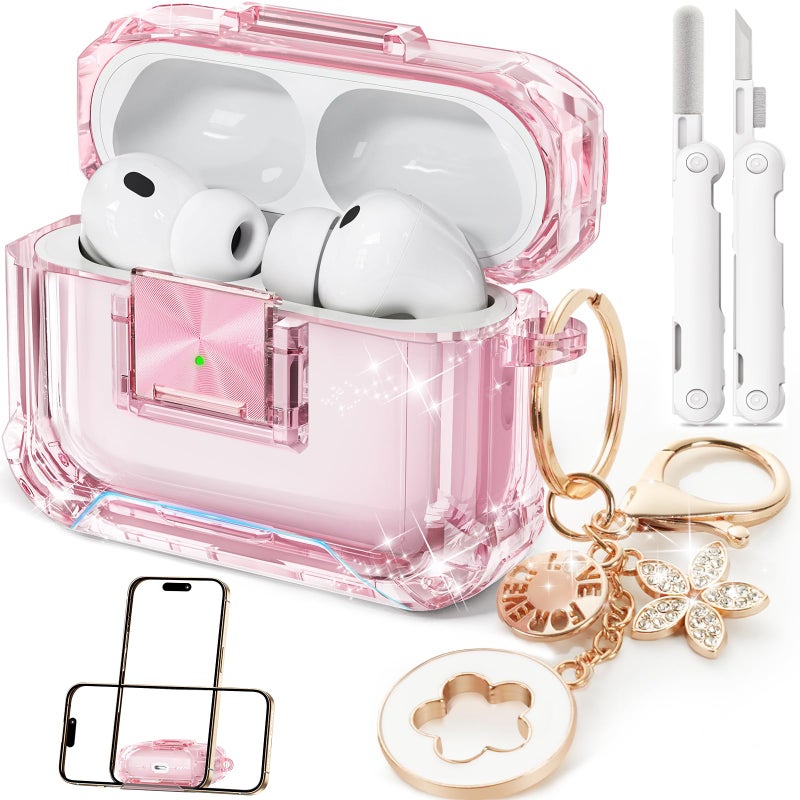 Wowwat with Safety Lock for AirPods Pro 3 Case (2025),Clear Cases for Airpods Pro 3rd Generation Case,Soft TPU iPod Pro 3 with Cute Bling Keychain and Cleaner kit for Women Girls-Clear Pink - Image 1