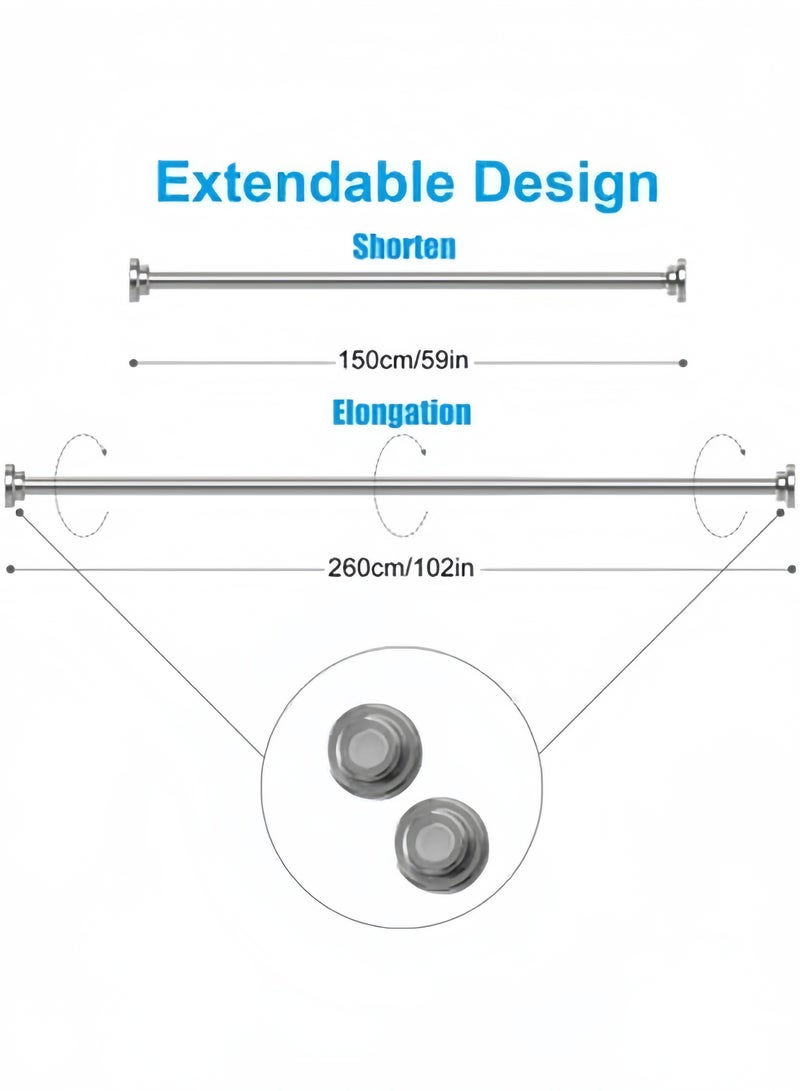 GGEROU قضيب ستارة الدش، زنبرك شد قابل للتعديل 150-260 سم، عمود ستارة تلسكوبي من الفولاذ المقاوم للصدأ قابل للتمديد، عمود قابل للتمديد، بدون حفر - Image 2