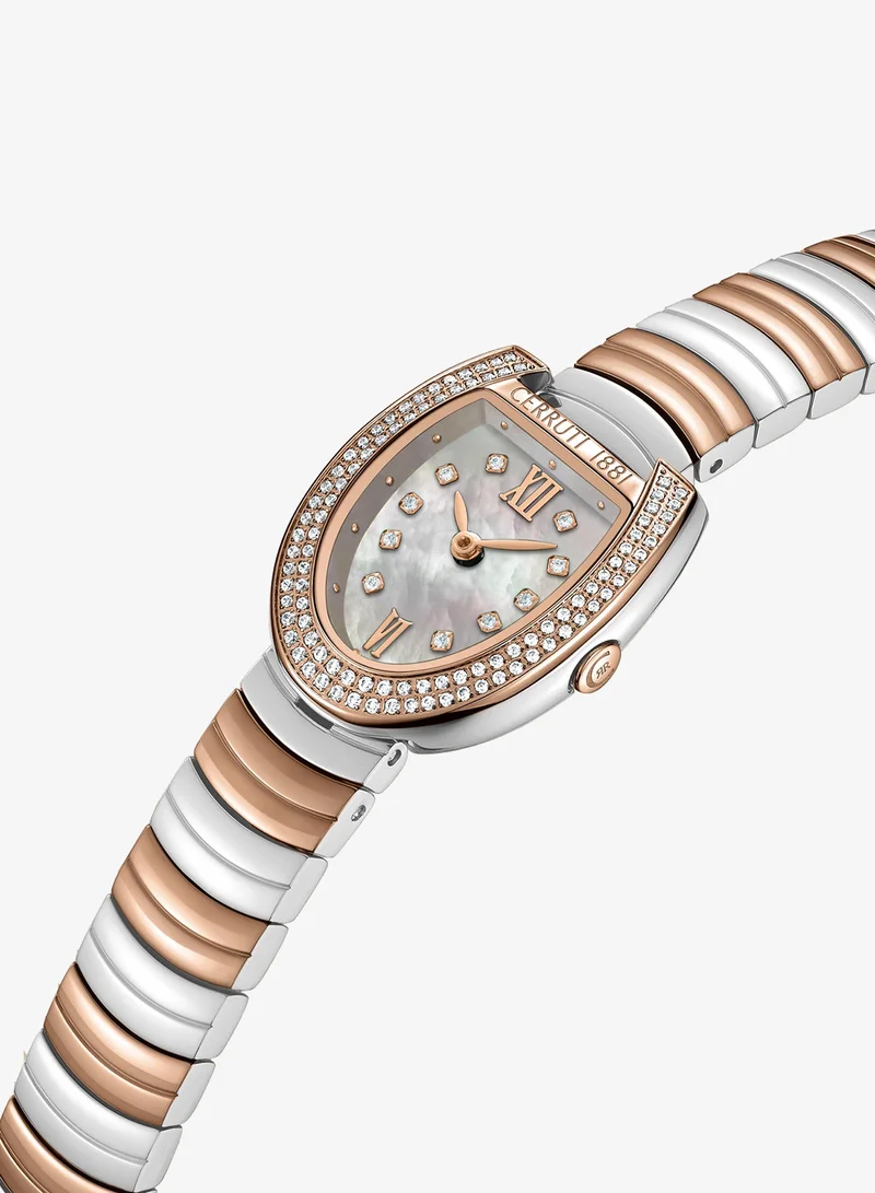 CERRUTI 1881 Lerici Analog Women's Watch - White Mother of Pearl Dial, Roman Numerals, Rose Gold Two Tone Bracelet