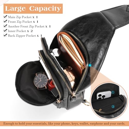 SUOSDEY Sling Bags for Women Crossbody Leather Sling Backpack Chest Bag Shoulder Bags for Casual Traveling Hiking Cycling black - Image 5