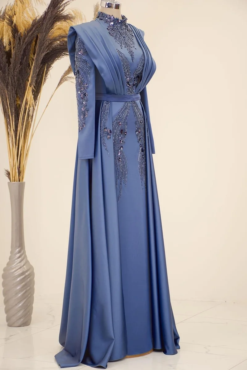 اسيلانور Draped Front Tail Beaded Embroidered Miranda Hijab Evening Dress Indigo