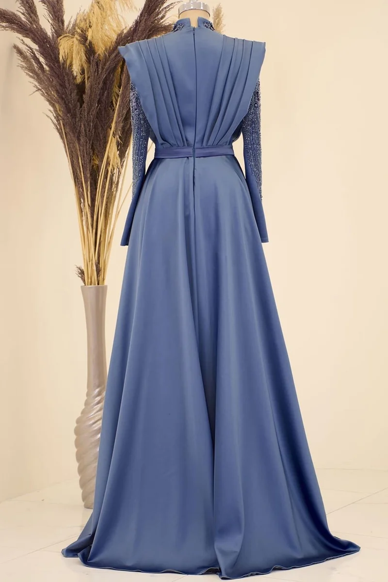 اسيلانور Draped Front Tail Beaded Embroidered Miranda Hijab Evening Dress Indigo