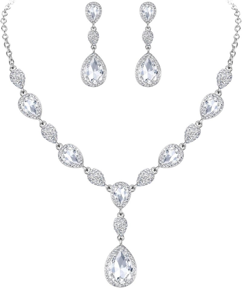 EleQueen Women's Cubic Zirconia Teardrop Y-Necklaces Dangle Earrings Jewelry Sets for Brides Bridesmaids - Image 1