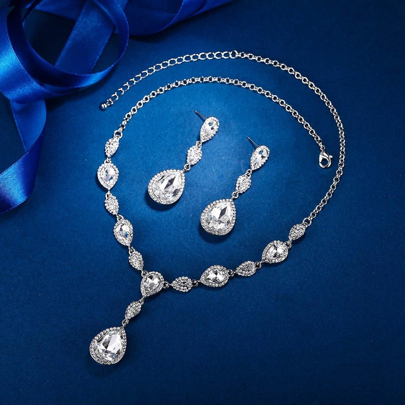 EleQueen Women's Cubic Zirconia Teardrop Y-Necklaces Dangle Earrings Jewelry Sets for Brides Bridesmaids - Image 3