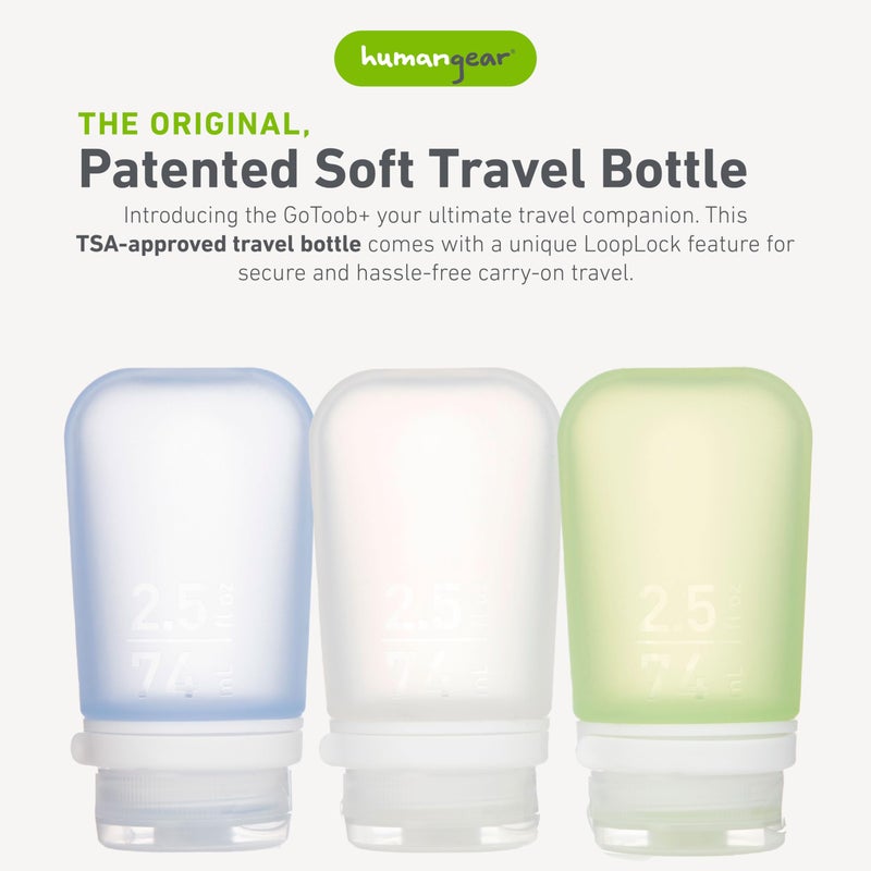 humangear GoToob+ 3-Pack (Medium) | Refillable Silicone Travel Bottle | Locking Lid | Food-Safe Material, Clear/Green/Blue, Medium (2.5 fl.oz.; 74ml) - Image 2