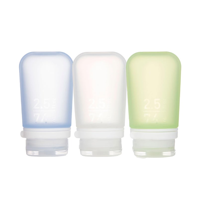 humangear GoToob+ 3-Pack (Medium) | Refillable Silicone Travel Bottle | Locking Lid | Food-Safe Material, Clear/Green/Blue, Medium (2.5 fl.oz.; 74ml) - Image 1