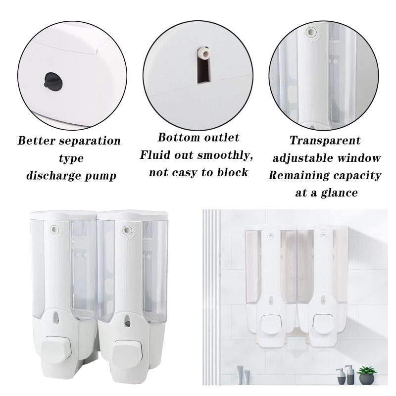 Orlenic Manual Wall-Mounted Soap Dispenser – Refillable Shower Gel, Shampoo & Conditioner Dispenser with 2x380ml Bottles, Lotion Container for Bathroom, Kitchen, Office, Hotels, Schools, White - Image 3