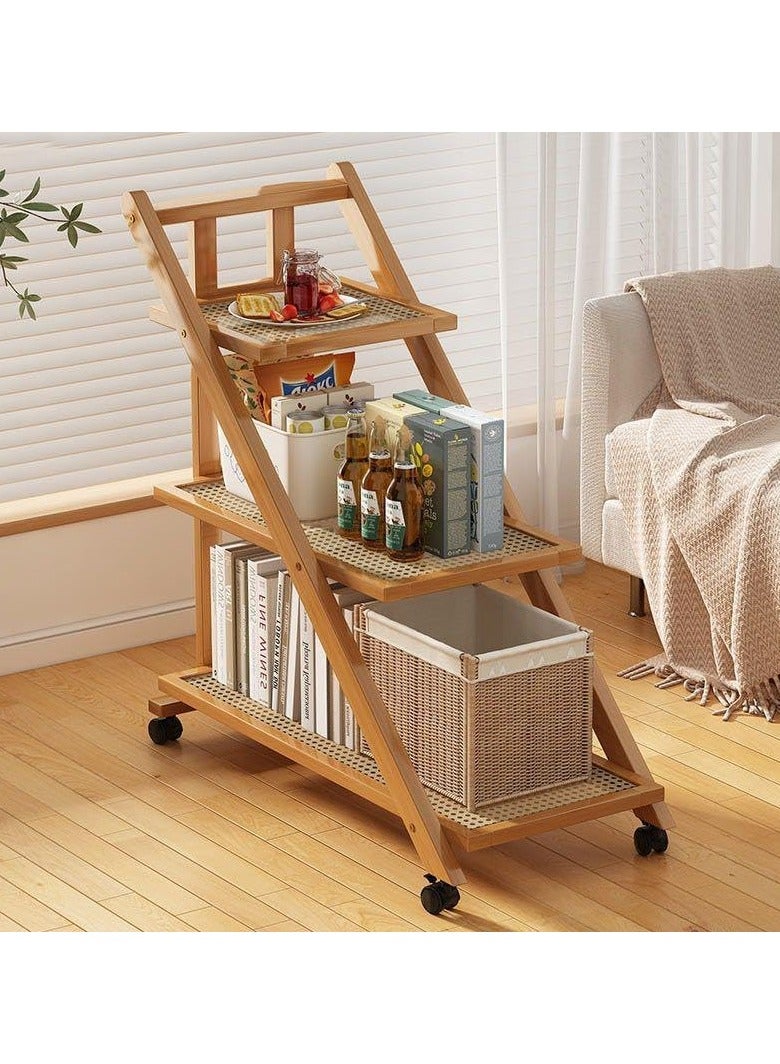 LINGWEI Foldable Bamboo Serving Cart - Multifunctional Kitchen Trolley with Movable Wheels, Space-Saving Design - Ideal for Home, and Restaurant Use - Image 1