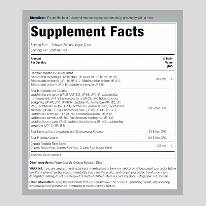Piping Rock Ultimate Probiotic 150 Billion CFU | 30 Capsules | 40 Probiotic and Prebiotic Strains | Daily Digestive Balance | Non-GMO, Gluten Free - Image 2