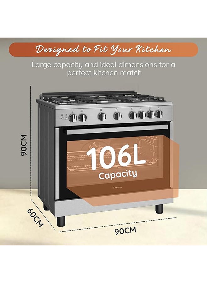 Ariston 90CM Gas Cooker, 5 Burners, Fan-Assisted Oven, Self-Cleaning, Auto Ignition, Safety Valve, Cast Iron Support, Inox – ARR9GGF22125XME 5 ARR9GGF22125XME Inox - Image 3