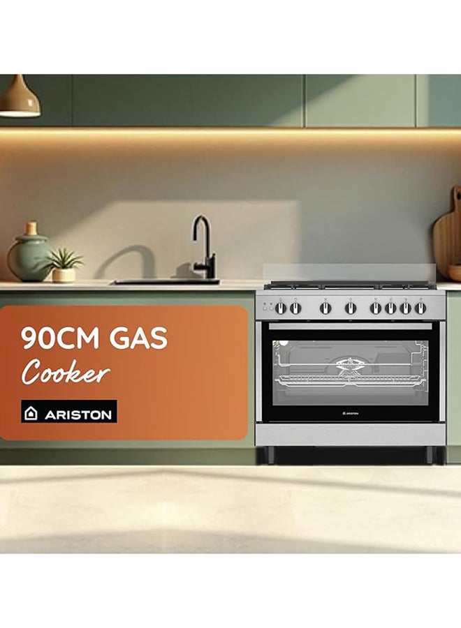 Ariston 90CM Gas Cooker, 5 Burners, Fan-Assisted Oven, Self-Cleaning, Auto Ignition, Safety Valve, Cast Iron Support, Inox – ARR9GGF22125XME 5 ARR9GGF22125XME Inox - Image 2