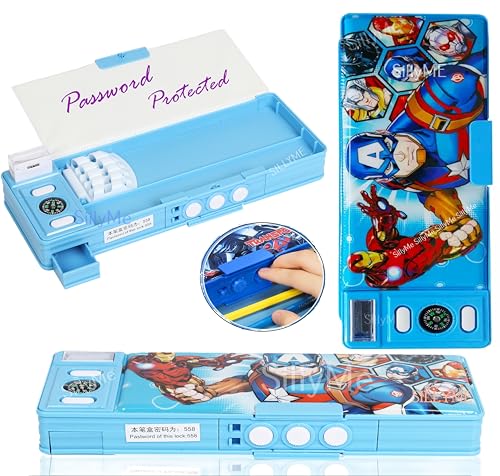 Sillyme Password Pencil Box with Lock, Geometry Box with Compass & Pop Up Sharpener - School Box for Boys - Double Sided (Super Hero) - Image 1