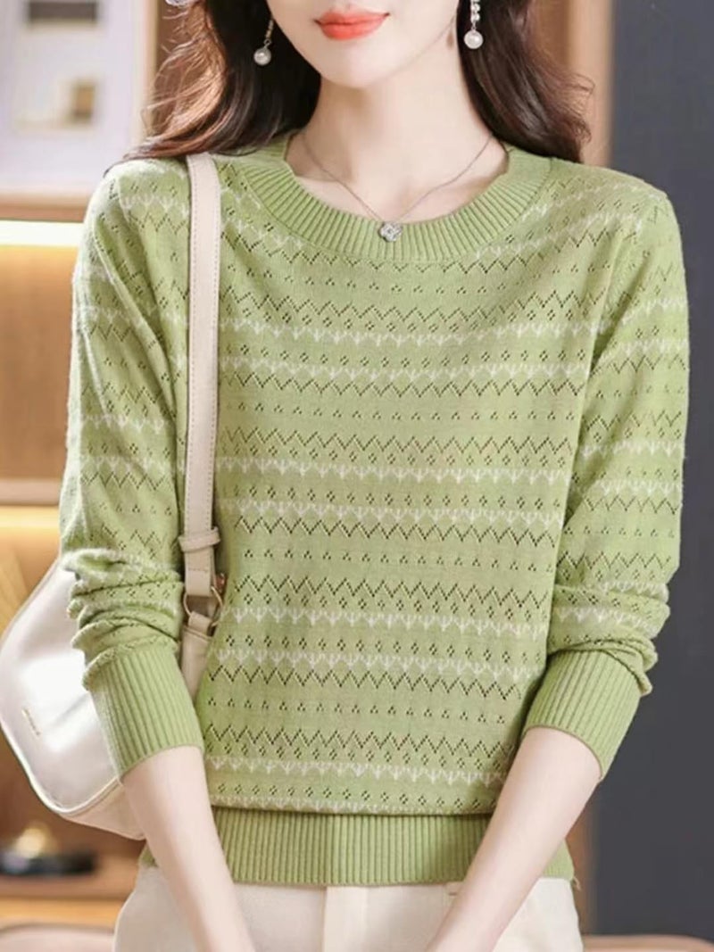 ICW Women's Ribbed Knitted Long Sleeve Round Neck Strped Top T-Shirt DN126 (in, Alpha, S, Regular, Green) - Image 2