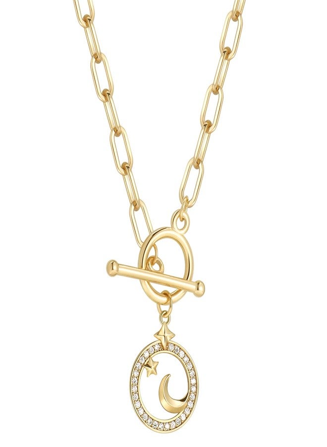 DoreenBeads قلادة دورين بيدز الذهبية على شكل هلال للنساء - قلادة مطلية بالذهب عيار 18 قيراطًا، مزينة بقلادة على شكل هلال ونجمة، مع مشبك ورق، هدية مثالية للنساء والفتيات المراهقات، مجوهرات سماوية، طولها 20 بوصة، مطلية بالذهب، مرصعة بأحجار الراين. - Image 1