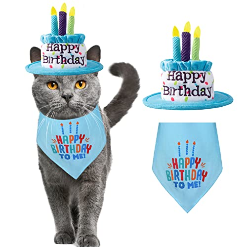 Ushang Pet قبعة كعكة عيد ميلاد سعيد للقطط ووشاح باندانا مع شموع ملونة زرقاء، مستلزمات وديكورات حفلة عيد ميلاد القطط - Image 1