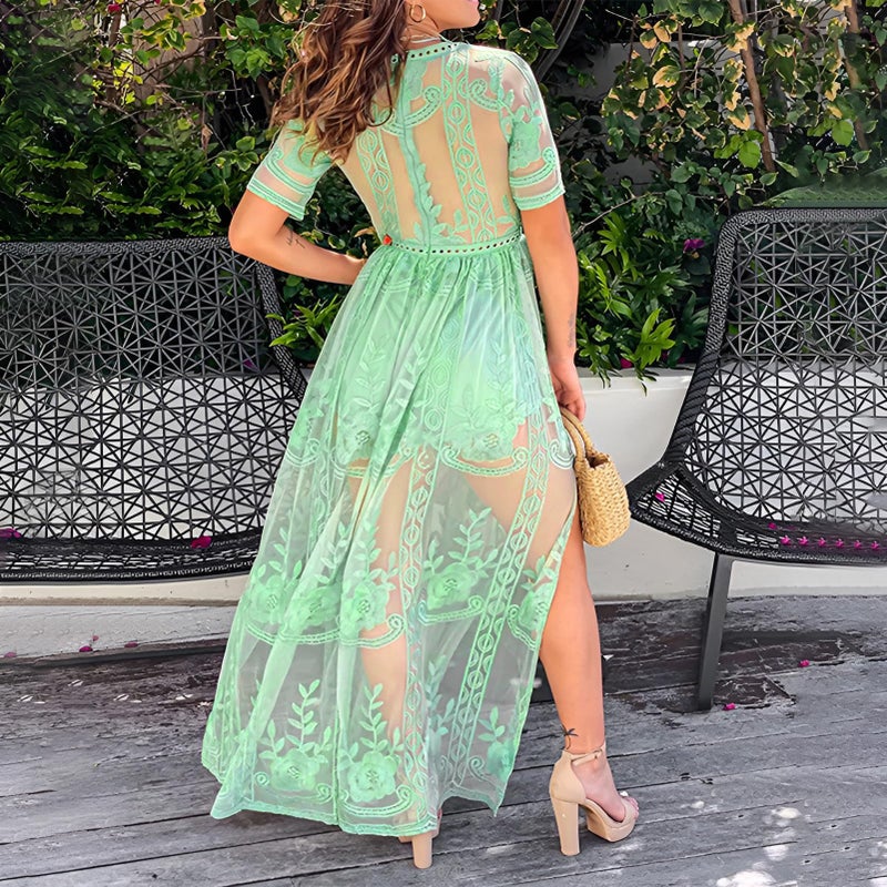 amropi Womens Deep V Neck Short Sleeve Floral Lace Dress Long Bridesmaid Maxi Dresses Light Green,L - Image 3