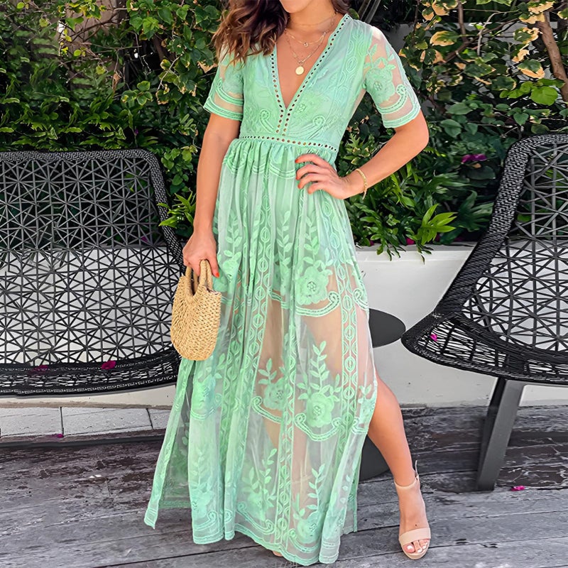 amropi Womens Deep V Neck Short Sleeve Floral Lace Dress Long Bridesmaid Maxi Dresses Light Green,L - Image 2
