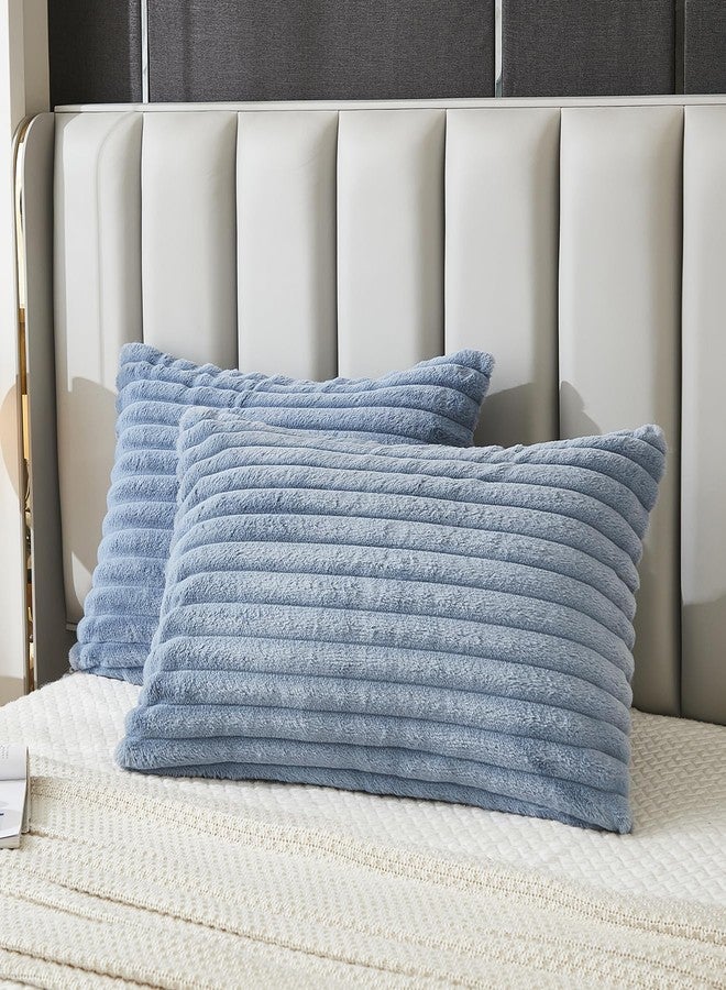 Uhamho Bed Pillowcase Standard Set of 2 Striped Faux Rabbit Fur and Velvet Back Rectangle Lumbar Pillow Covers Shams Modern Home Decorative (Dusty Blue, 20 x 26 Inch) - Image 2